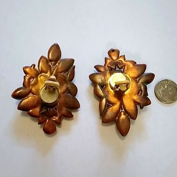 Vintage 80s Amber Black Gold Cluster Clip On Earrings Multi Gem Art Deco MCM - Picture 4 of 8